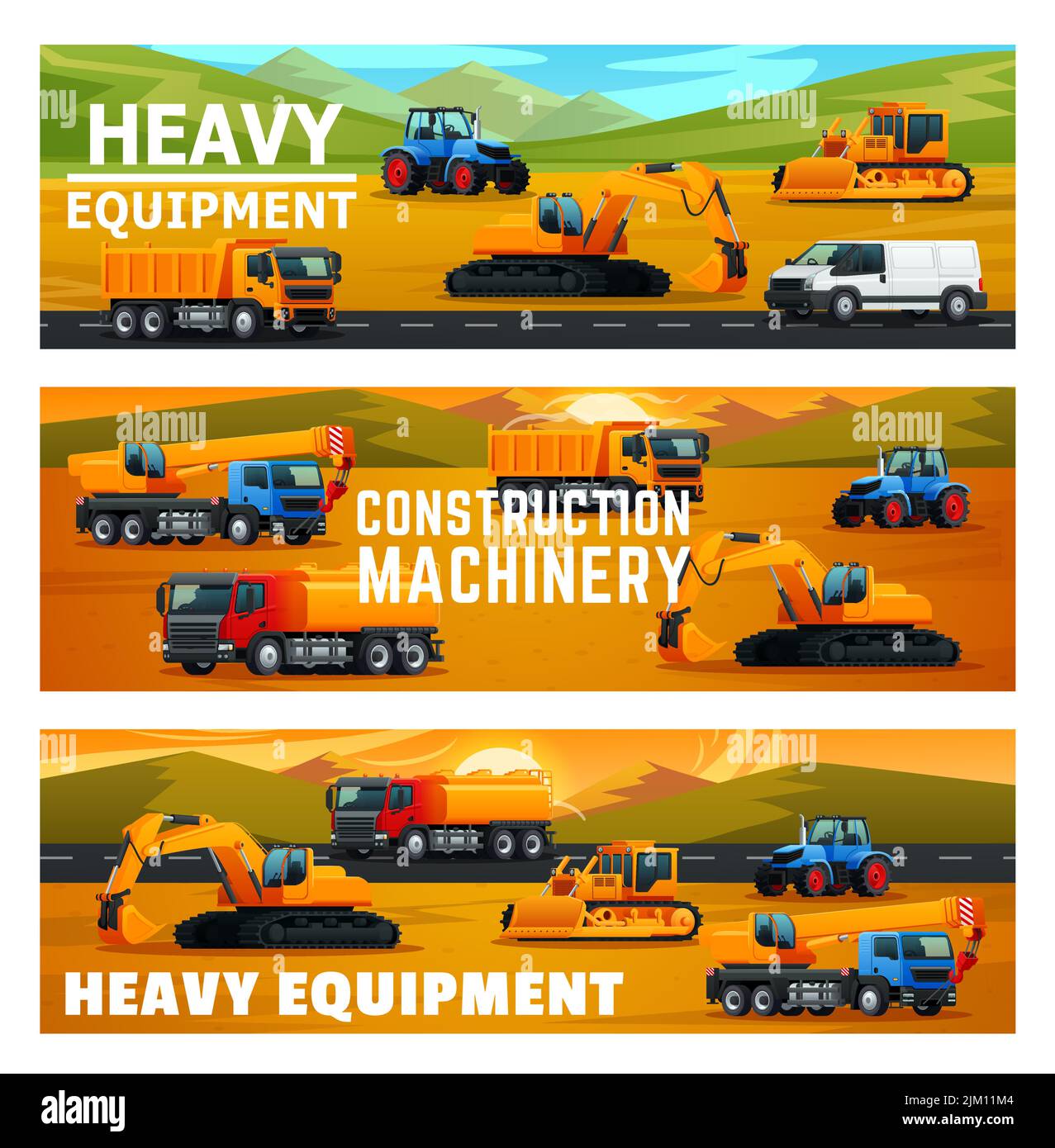 Baumaschinen und industrieller Transport. Dumper, Boom Kran und Tank LKW, van Automobil auf der Straße, Traktor, Bulldozer und Bagger auf const Stock Vektor