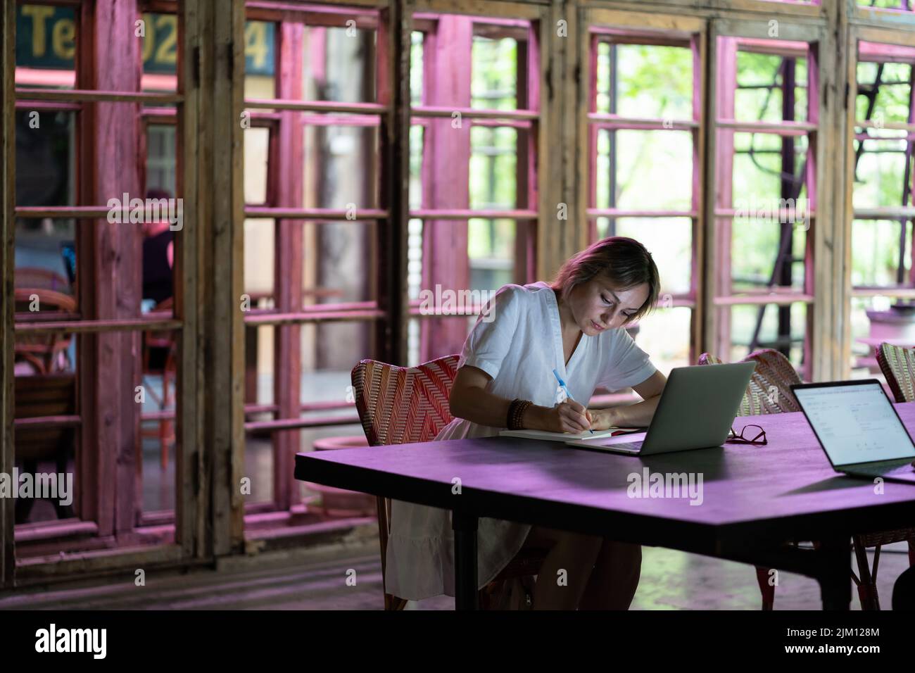 Fokussiertes Studierendenmädchen benutzt Laptop in der öffentlichen Bibliothek, Frau forscht im Coworking Space Stockfoto
