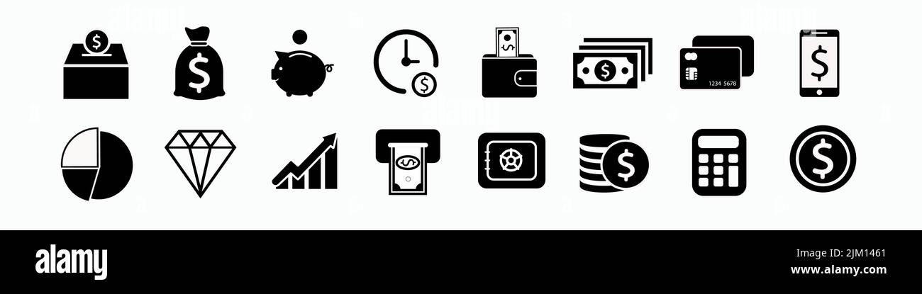 Einfaches Icon Set im Zusammenhang mit Geld. Ein Satz von sechzehn Symbolen. Stock Vektor