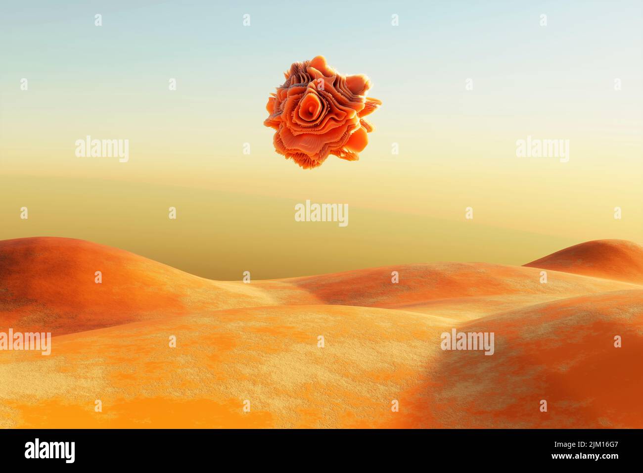 Surreale Wüstenlandschaft mit weißer, heller Form, die über der Wüste schwebt. Moderner minimaler abstrakter Hintergrund. 3D Abbildung Stockfoto