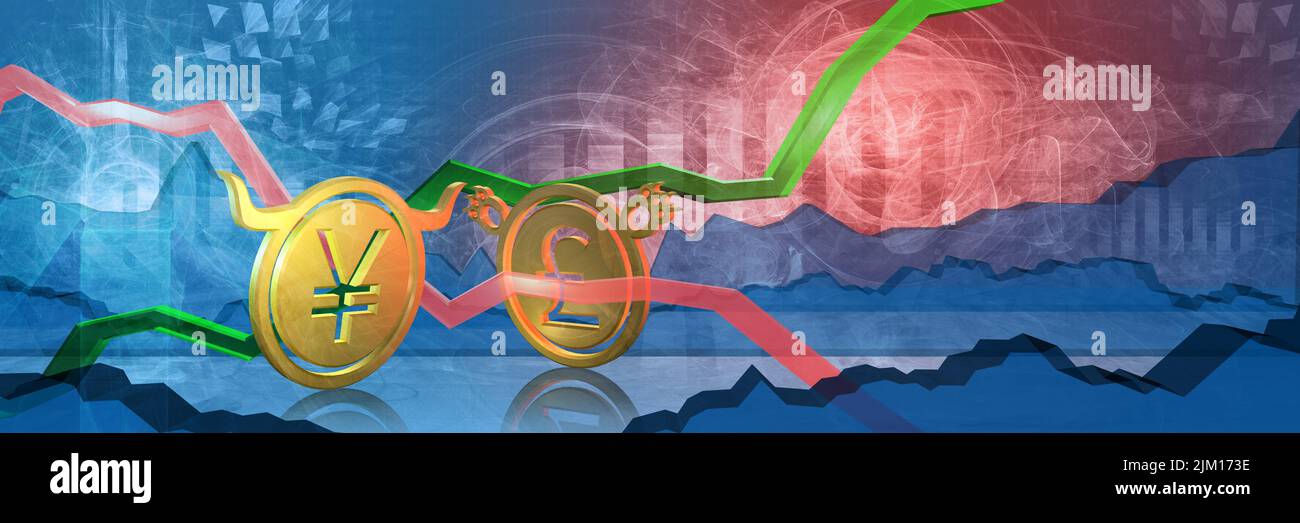 Bullischer jpy oder cny gestoppt durch bärisches gbp. Devisenmarkt 3D Darstellung des japanischen Yen oder chinesischen Yuan zu britischem Pfund. Währungsrepressen Stockfoto