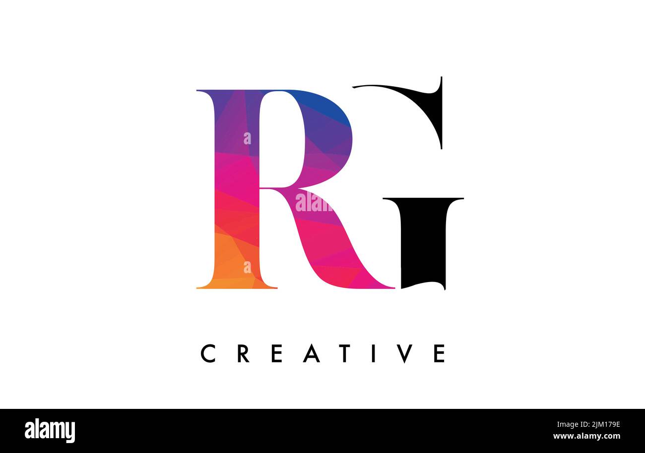 RG Briefdesign mit kreativem Schnitt und farbenfroher Regenbogenstruktur. RG Letter Icon Vektor-Logo mit Serifenschrift und minimalistischem Stil. Stock Vektor