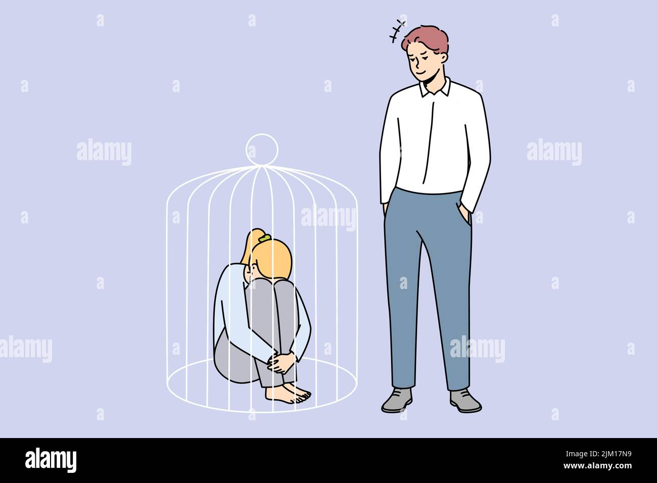 Autoritärer Mann sperrt Frau im Käfig ein. Frau leidet unter häuslicher Gewalt und ohne Rechte. Konzept toxischer Beziehungen. Vektorgrafik. Stock Vektor