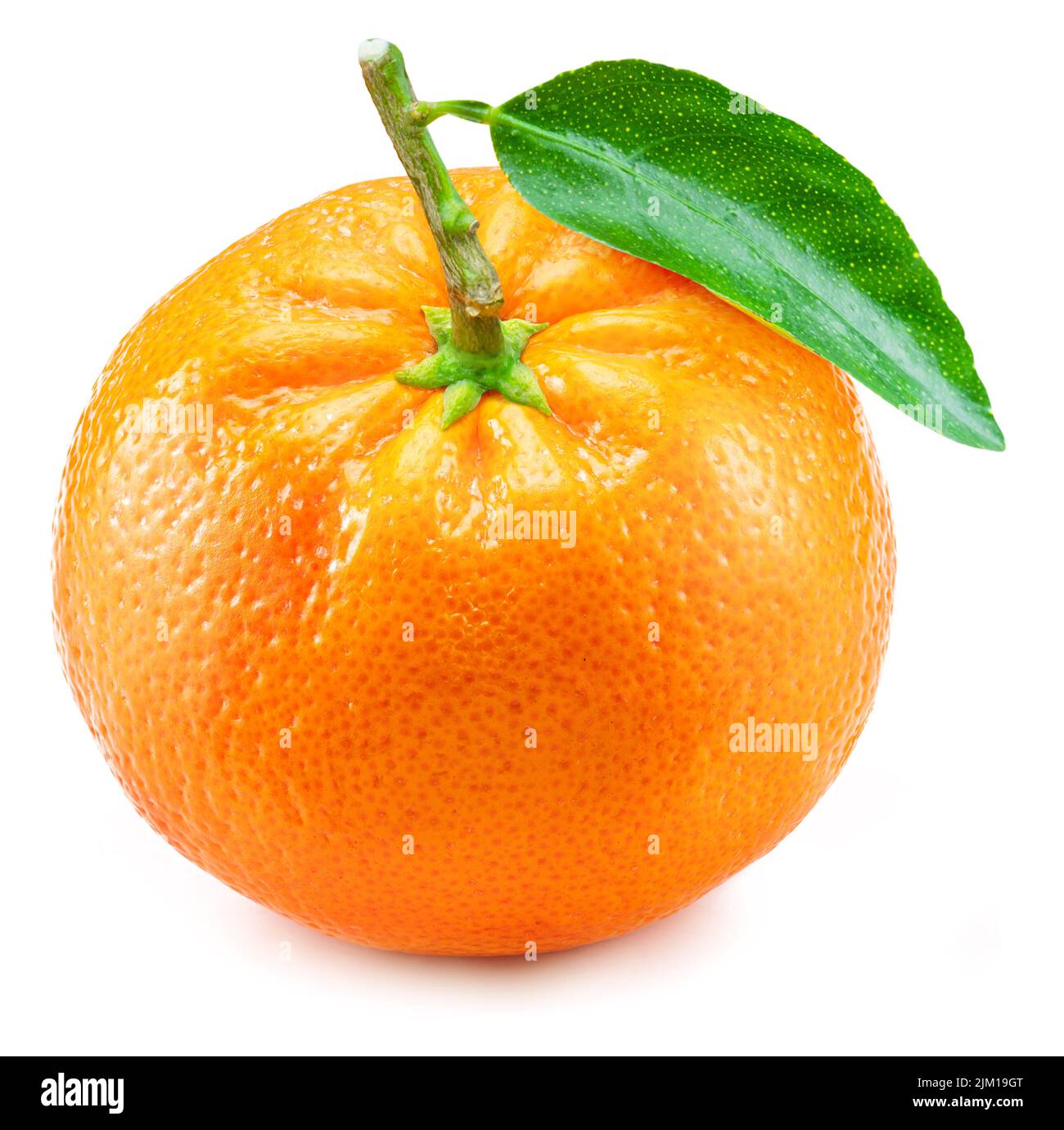 Reife Mandarinenfrucht mit grünem Blatt isoliert auf weißem Hintergrund. Bio-Mandarinen Früchte. Stockfoto