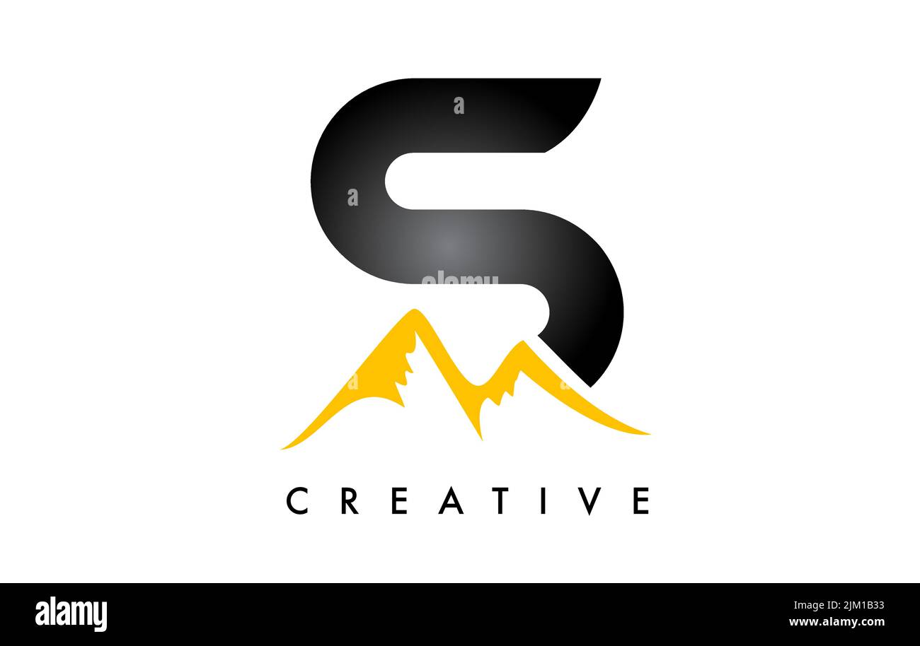 S Buchstabe Mountain Icon Logo Design. Buchstabe S mit Bergspitzen und schwarz-gelber Form Vektorgrafik. Stock Vektor