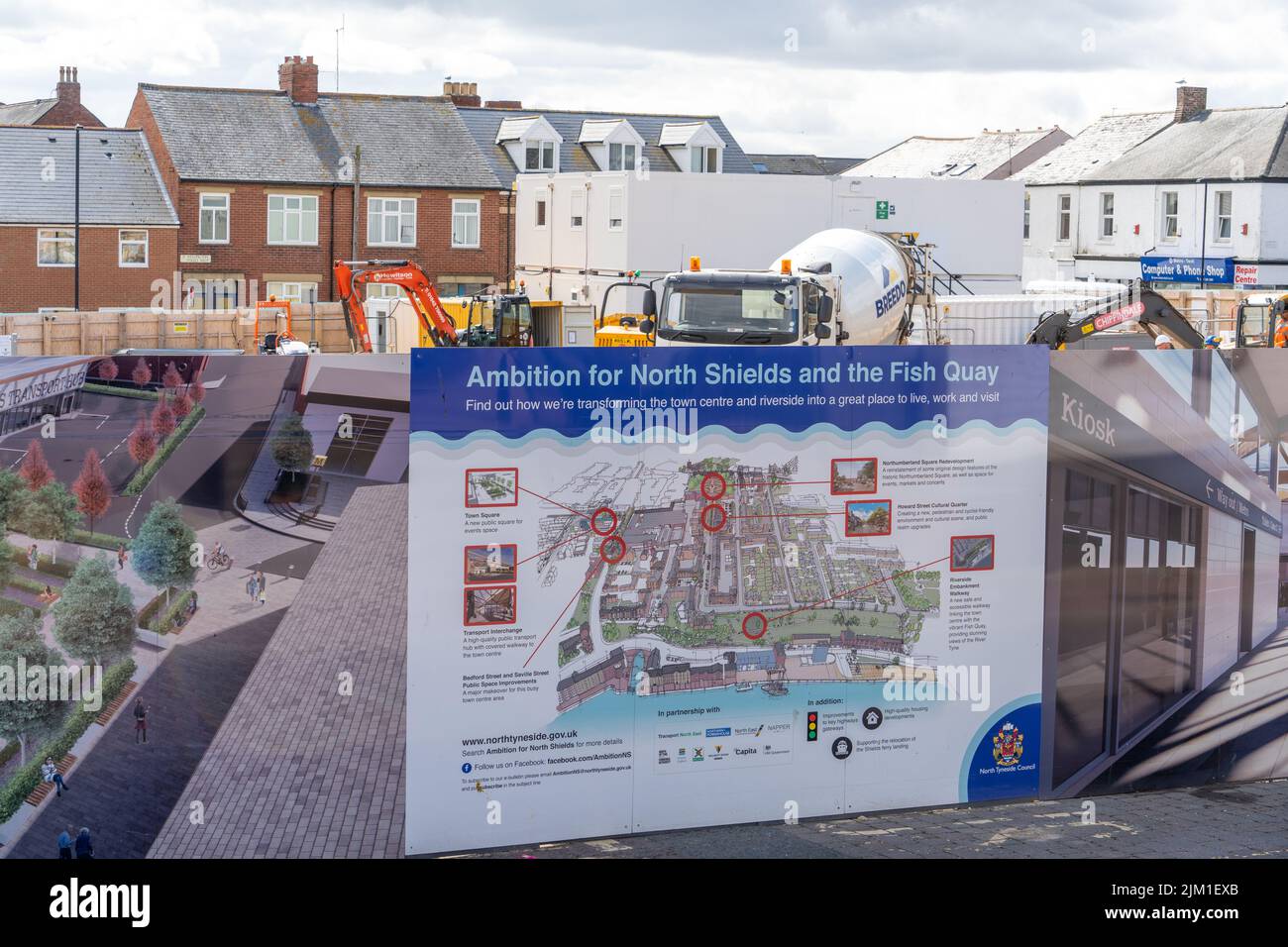 Blick auf die Sanierungsarbeiten im Stadtzentrum von North Shields, North Tyneside, Großbritannien. Stadtplanungskonzept. Stockfoto