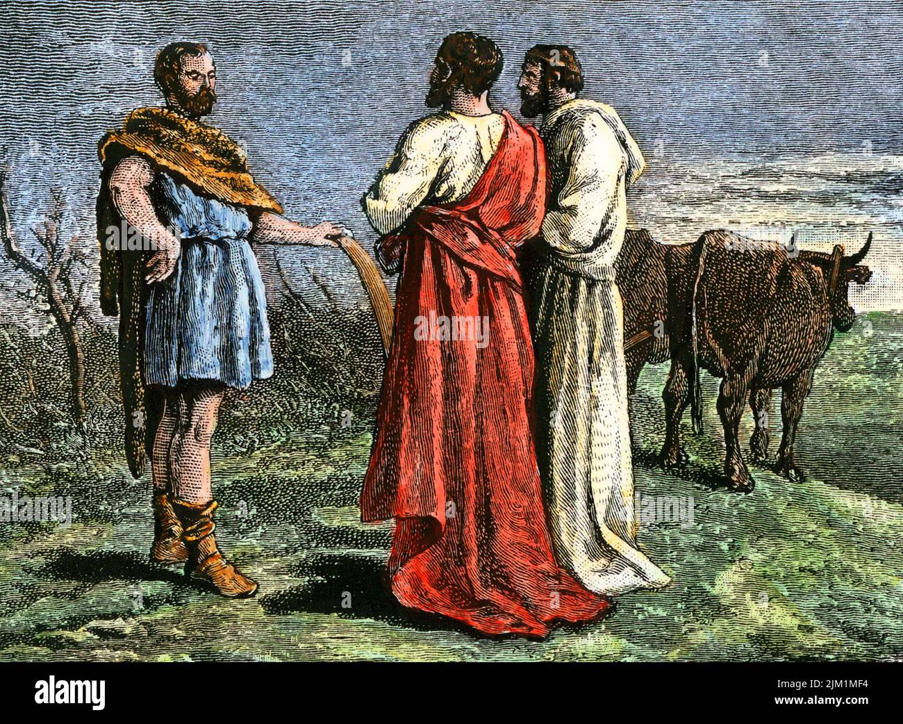 Lucius Quinctius Cincinnatus verlässt den Pflug, um Rom Gesetze zu diktieren. Museum: PRIVATE SAMMLUNG. Autor: ANONYM. Stockfoto