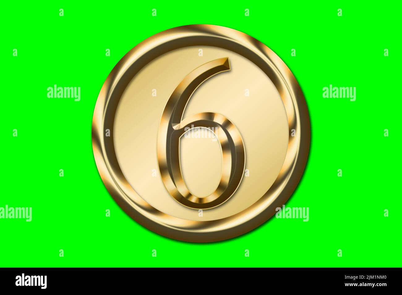 Eine Zahl 6 in Gold in einem goldenen Kreis auf grünem Hintergrund. Grafisches Ressourcenkonzept. Stockfoto