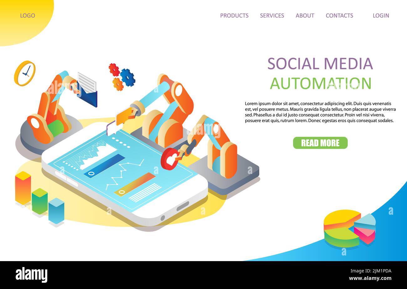 Vorlage für die Landing Page-Website für die Automatisierung sozialer Medien. Isometrische Vektordarstellung. Automatisierungskonzept für Social Media Marketing. Stock Vektor
