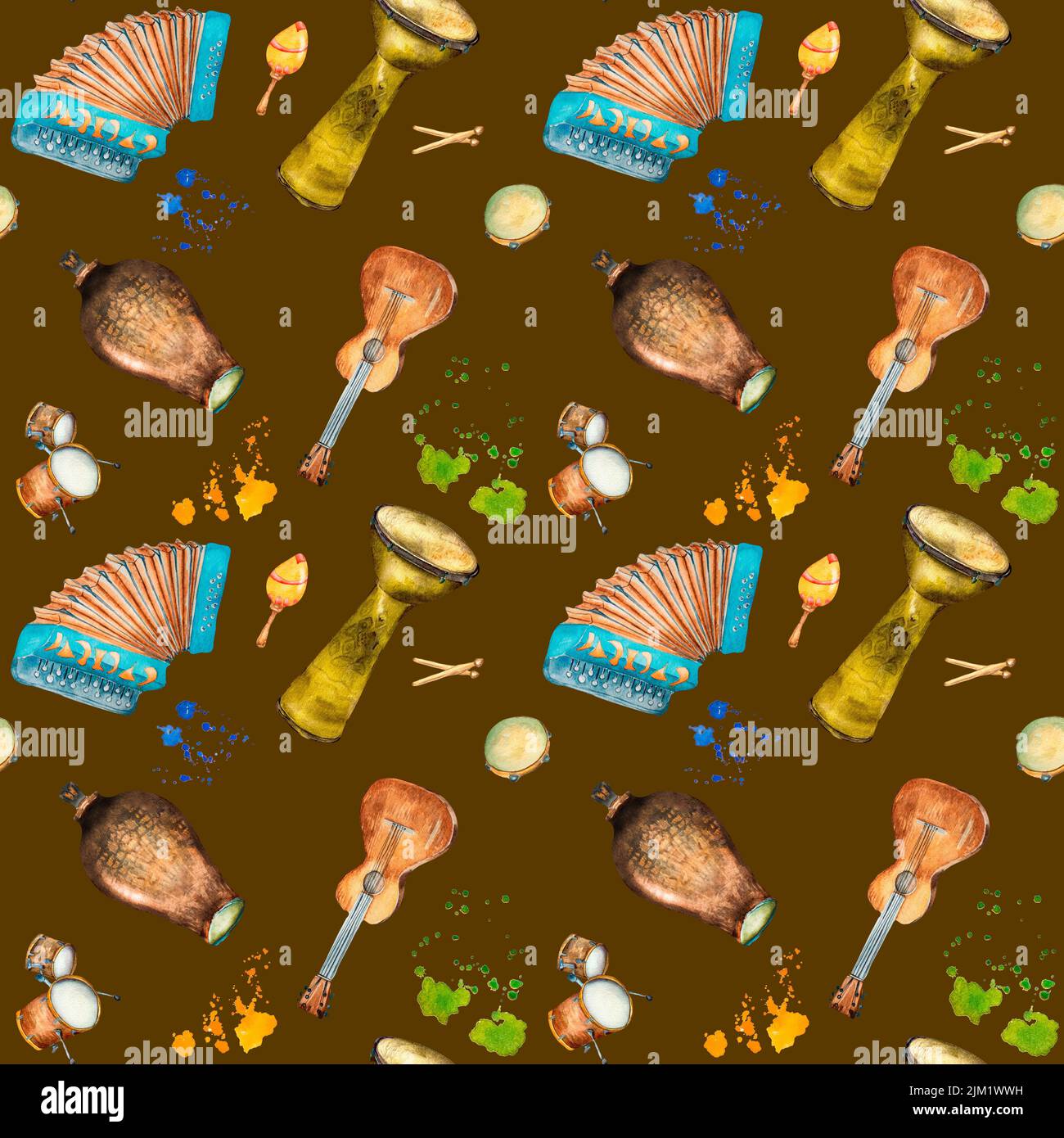 Hispanische Musikinstrumente und Aquarelle platschen nahtlos in die dunkle Farbe. Lateinische Trommel, Conga, Akkordeon, Gitarrenillustration handbemalt. Design el Stockfoto