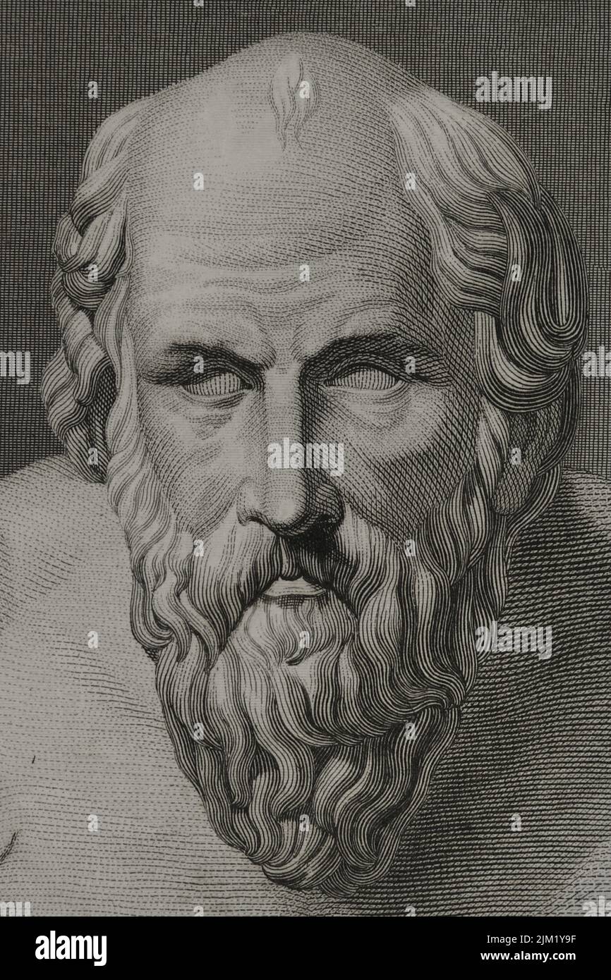 Diogenes von Sinope (ca. 412 V. CHR. - 323 V. CHR.). Griechischer Philosoph der Cynic School. Stich von A. Roca. Details. „Historia Universal“, von César Cantú. Band I, 1854. Stockfoto