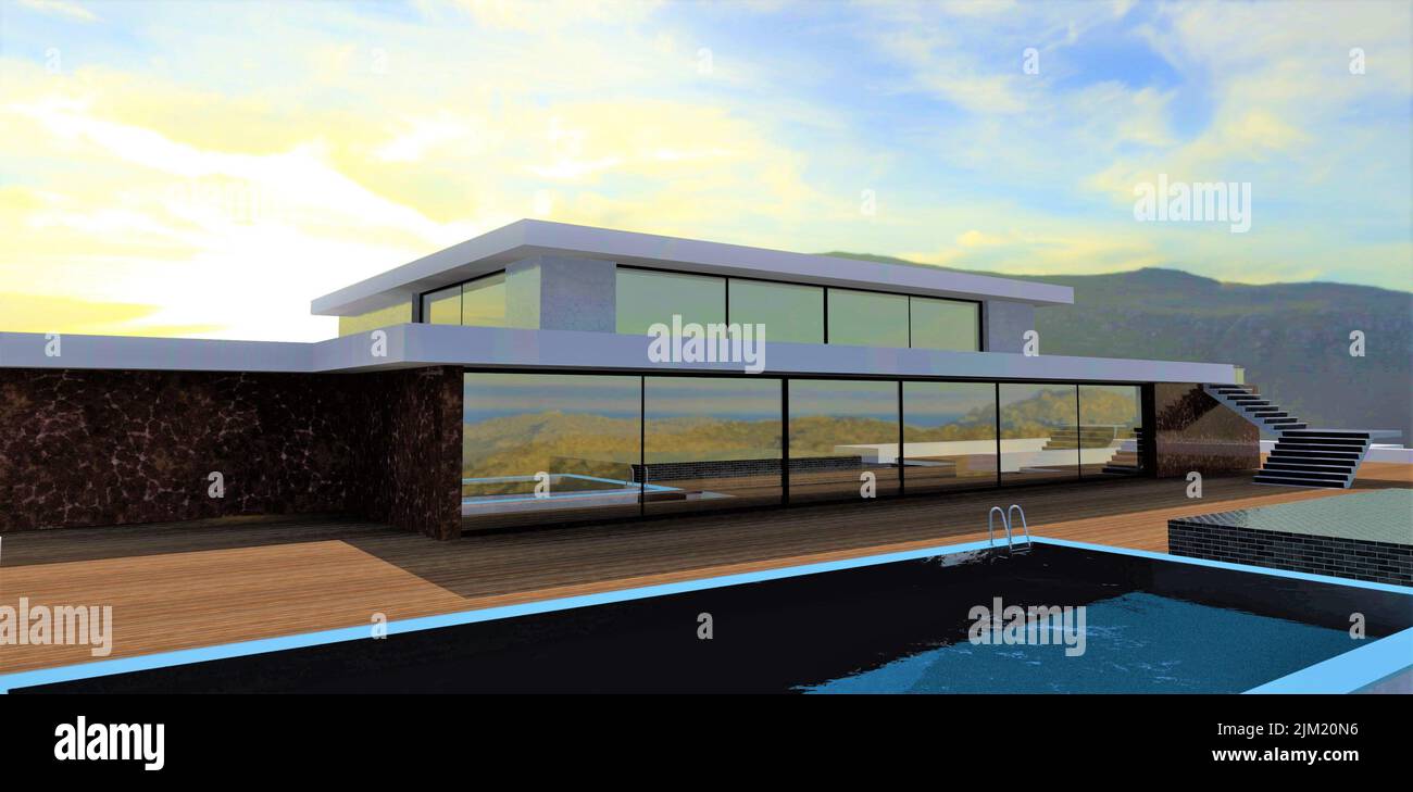 Schwimmbad auf dem Dach eines modernen Landhauses. Große verspiegelte Fenster. Terrassenplattenbedeckung. Stürmischer Sonnenuntergang. 3D Rendern. Stockfoto