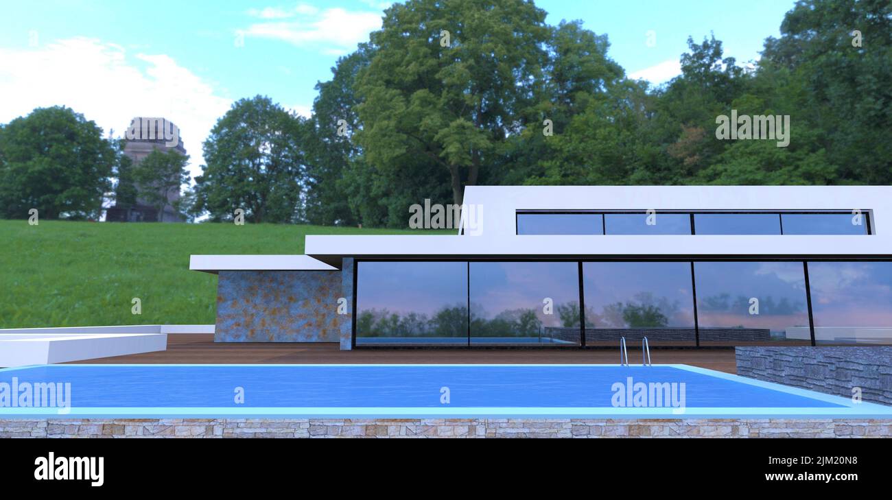 Terrasse mit Pool auf dem Dach eines modernen Hochhauses. Schieferbearbeitung und Terrassendielenbearbeitung. Reflektierende Fenster. Bewaldete hügelige Landschaft. 3D Rendern. Stockfoto