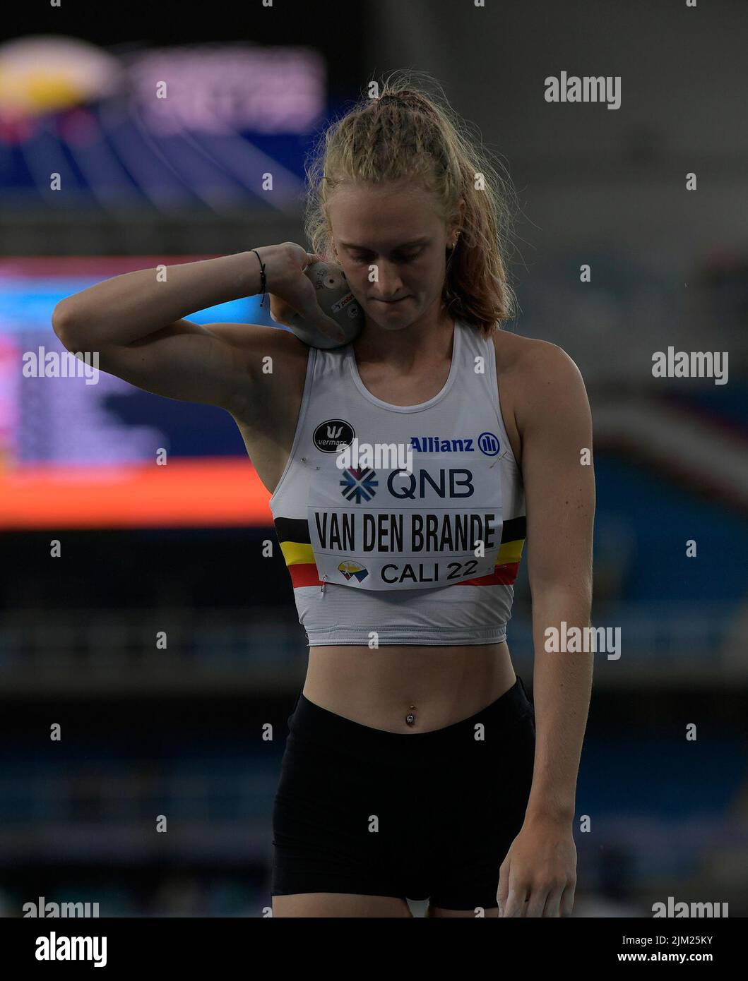 Die Belgierin Laura Van Den Brande wurde am Mittwoch, den 03. August 2022 in Cali, Kolumbien, während des Kugelschießereignisses des Frauen-Heptathlon-Wettbewerbs bei den Leichtathletik-Juniorenweltmeisterschaften in Aktion gestellt. Die WM U20 findet vom 1.. Bis 6. 2022. August statt. BELGA FOTO THOMAS WINDESTAM Stockfoto