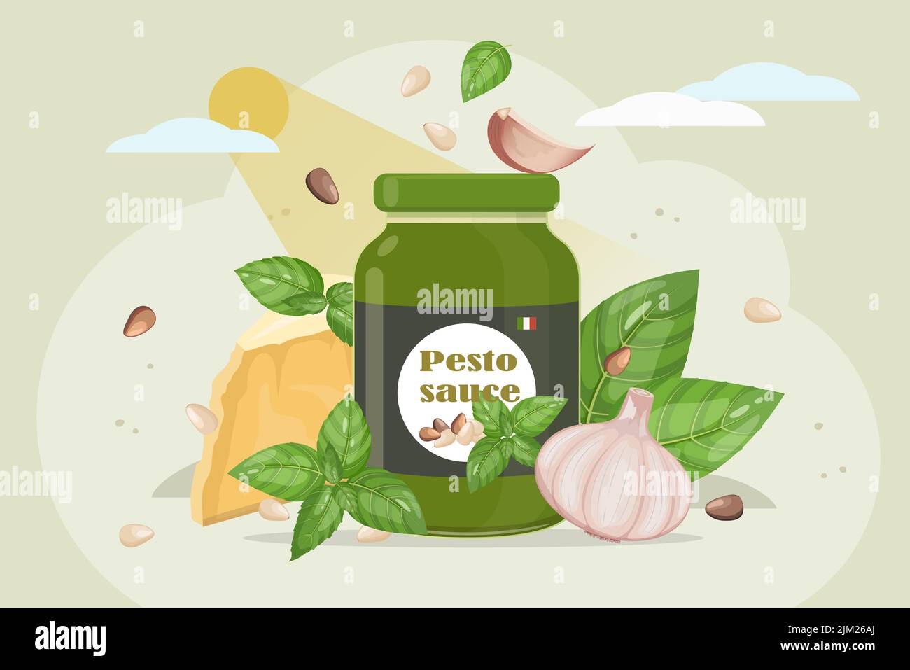 Pesto-Kochkonzept. Italienische Küche Sauce mit Zutaten: Knoblauch, Pinienkerne, Parmesan-Käse, grünem Basilikum, Vektor-Illustration isoliert auf weiß Stock Vektor