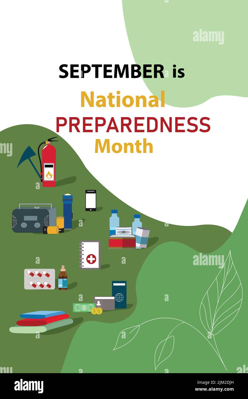 National Preparedness Month (NPM), Vektorgrafik mit Notfallplan-Symbolen. Platz kopieren Stockfoto