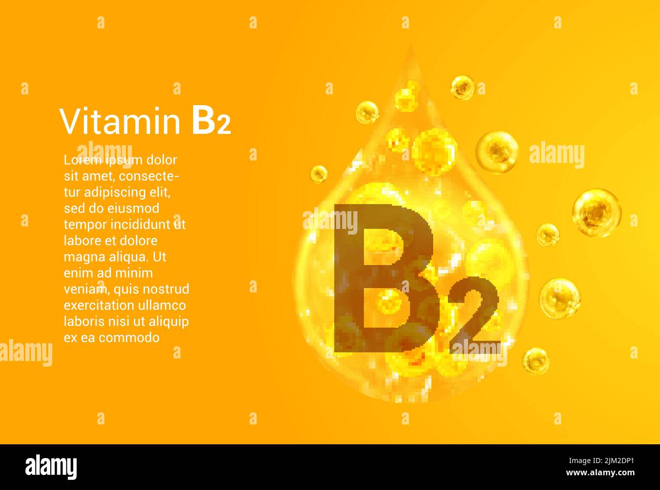 Vitamin B2. Baner mit Vektorbildern von goldenen Tropfen mit Sauerstoffblasen. Gesundheitskonzept. Stock Vektor