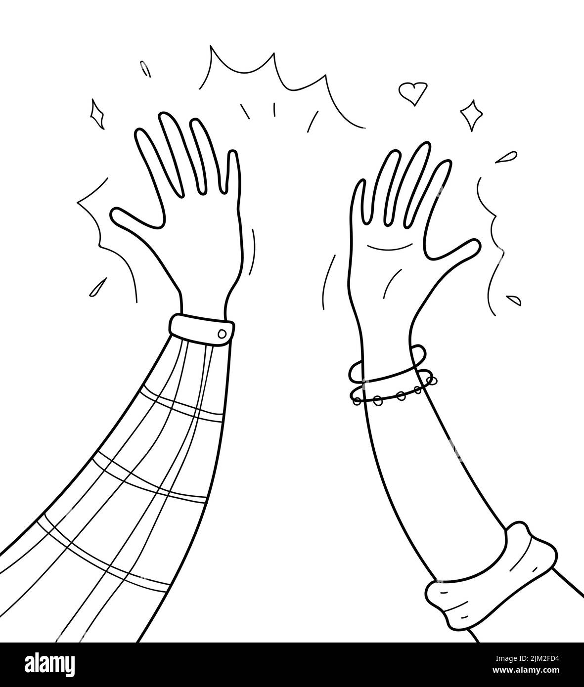 Geben Sie fünf Konzept-Vektor in Linie, Doodle-Stil. Symbol der freundlichen Begrüßung von zwei Personen. Freudige Hand klatscht. Stock Vektor