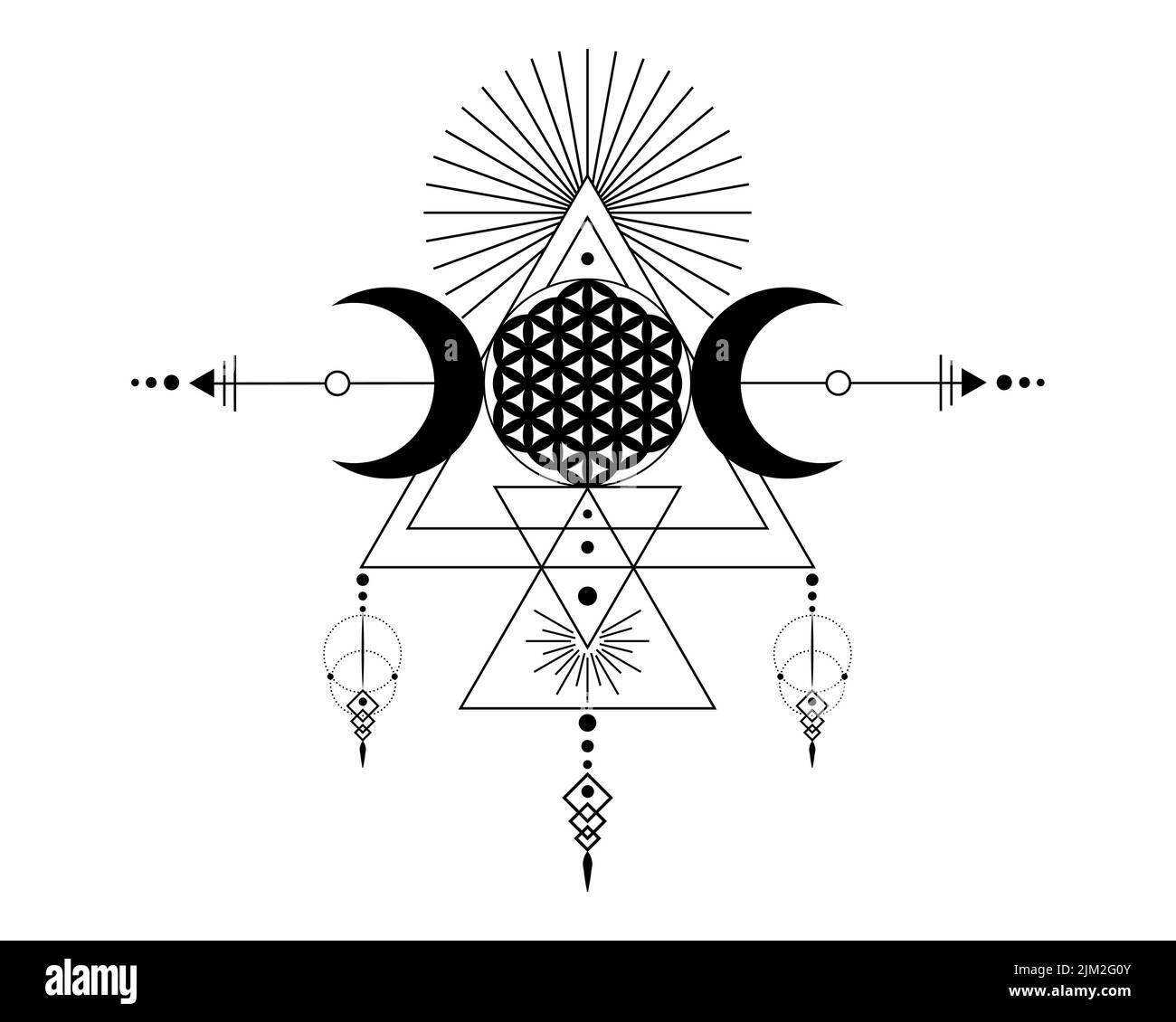 Triple Goddess and Flower of Life, Heilige Geometrie, Tribal Triangles, Mondphasen im Shaman Boho Stil. Tattoo, Astrologie, Alchemie und magische Symbole. Stock Vektor