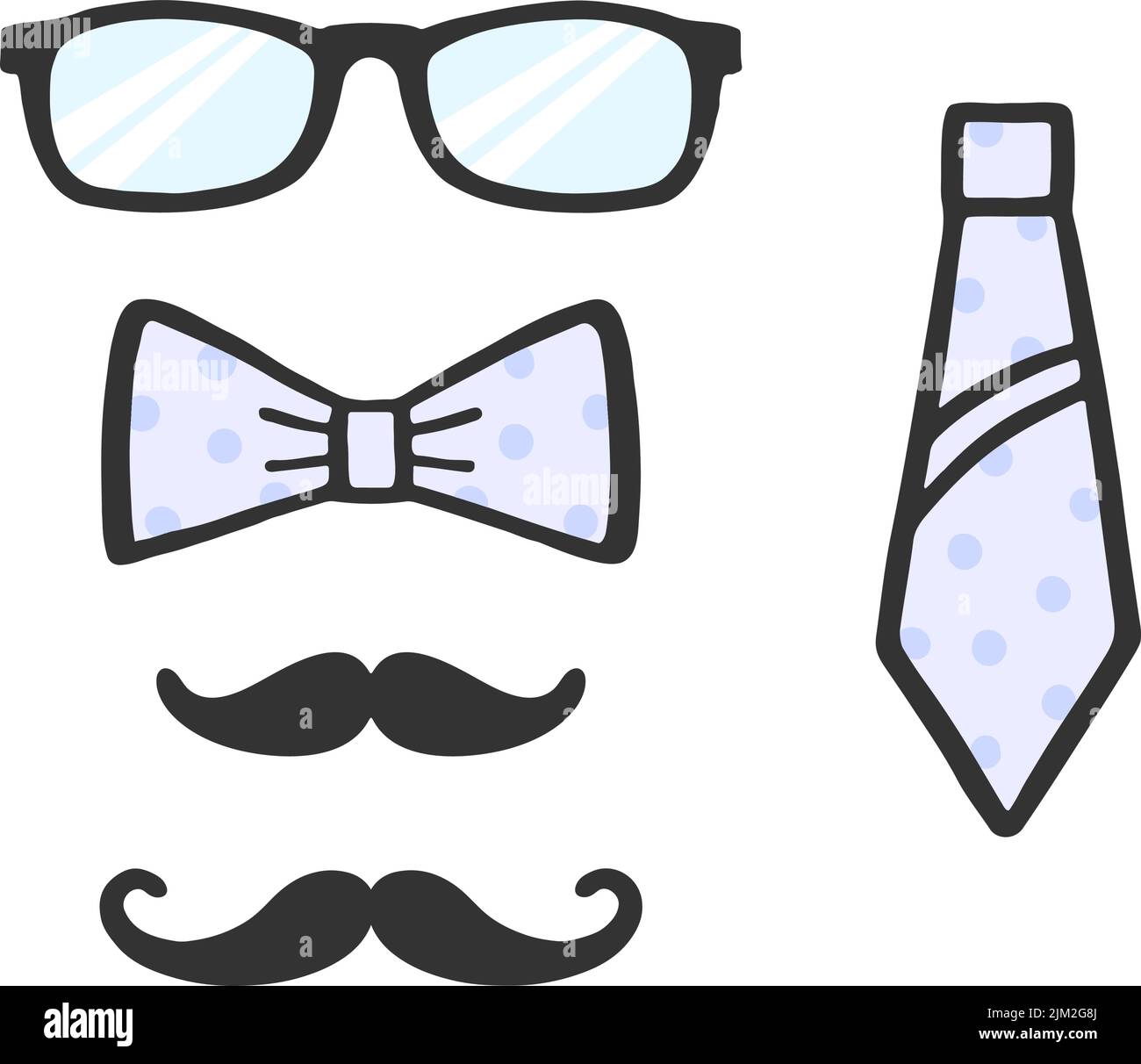 Fotoprops-Set. Brille, Schnurrbart, Schleife und Krawatte für Selfie. Kollektion von männlichen Fotozubehör. Set aus Photobooth. Vektor Stock Vektor