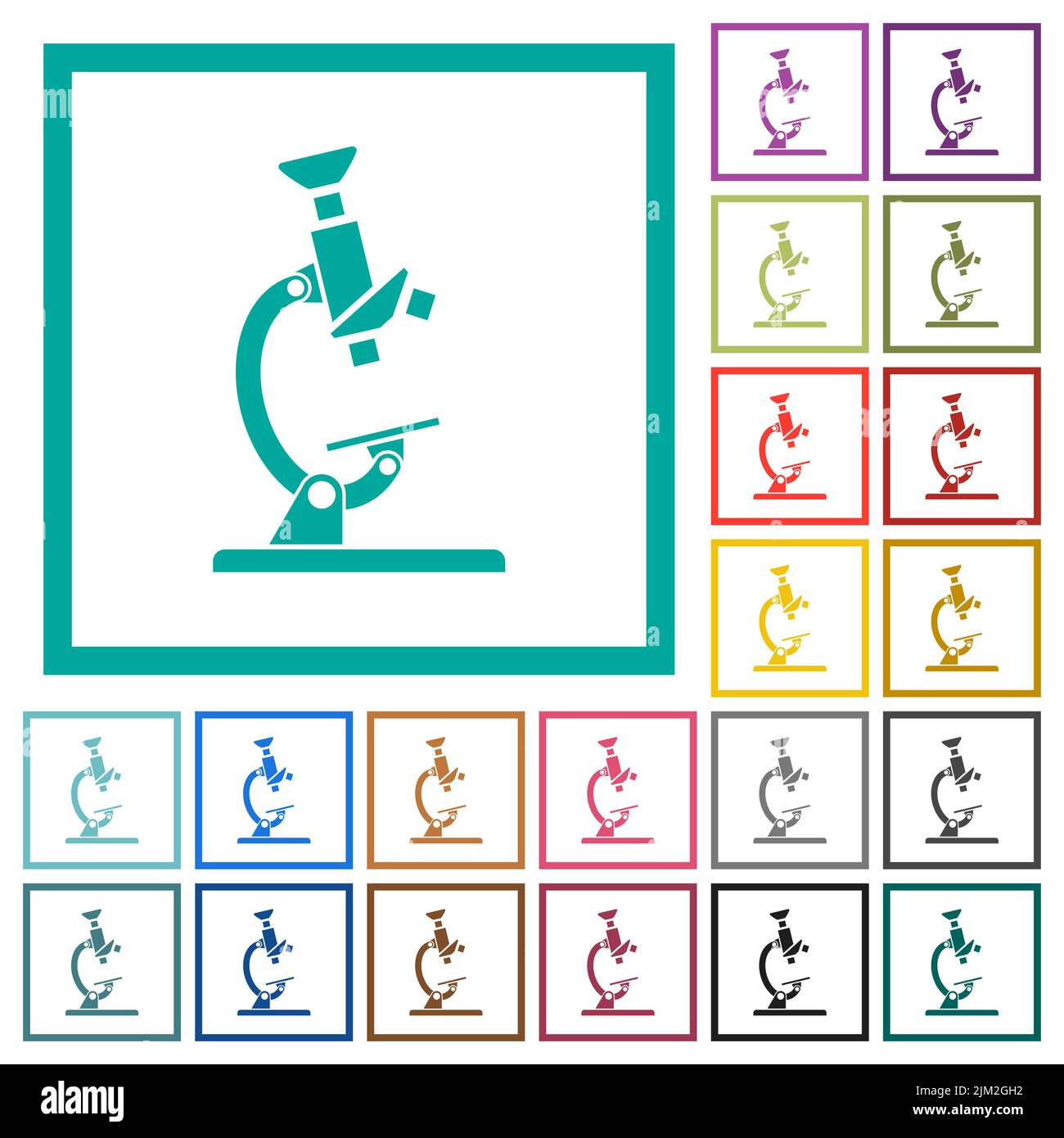 Flache Farbsymbole des Mikroskops mit Quadrantenrahmen auf weißem Hintergrund Stock Vektor