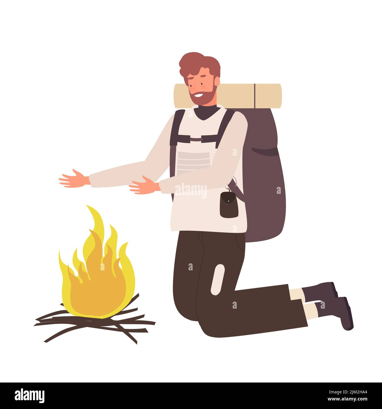 Männlicher Tourist am brennenden Lagerfeuer. Wanderer Mann mit Rucksack, Outdoor-Camping-Vektor-Illustration Stock Vektor