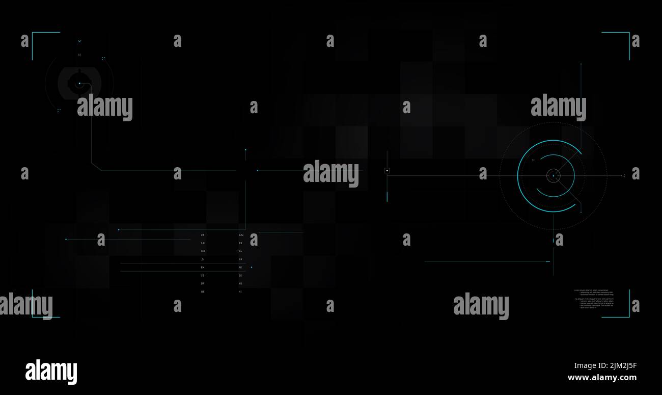 Abstrakter Hintergrund für futuristische Video Overlay Benutzeroberfläche Design Element Textfeld Maßstab und Bar, Cyber-und Technologie-Konzept gegen dunkle Backg Stockfoto