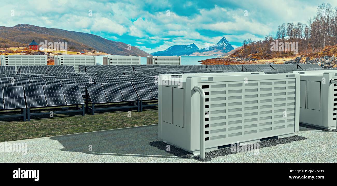 Ein modernes Solarfeld mit Batteriespeicher in der wilden Natur, Abbildung 3D Stockfoto