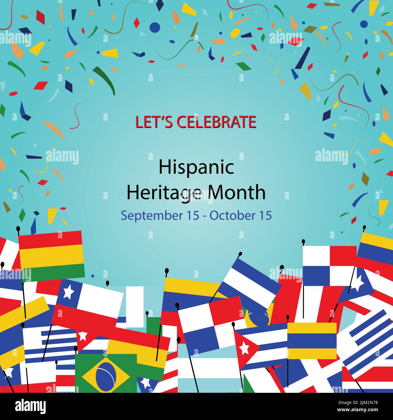 Nationaler Monat Des Hispanischen Erbes. Gruppe von Händen mit verschiedenen Farben und Flaggen von Amerika. Kulturelle und ethnische Vielfalt. Stock Vektor
