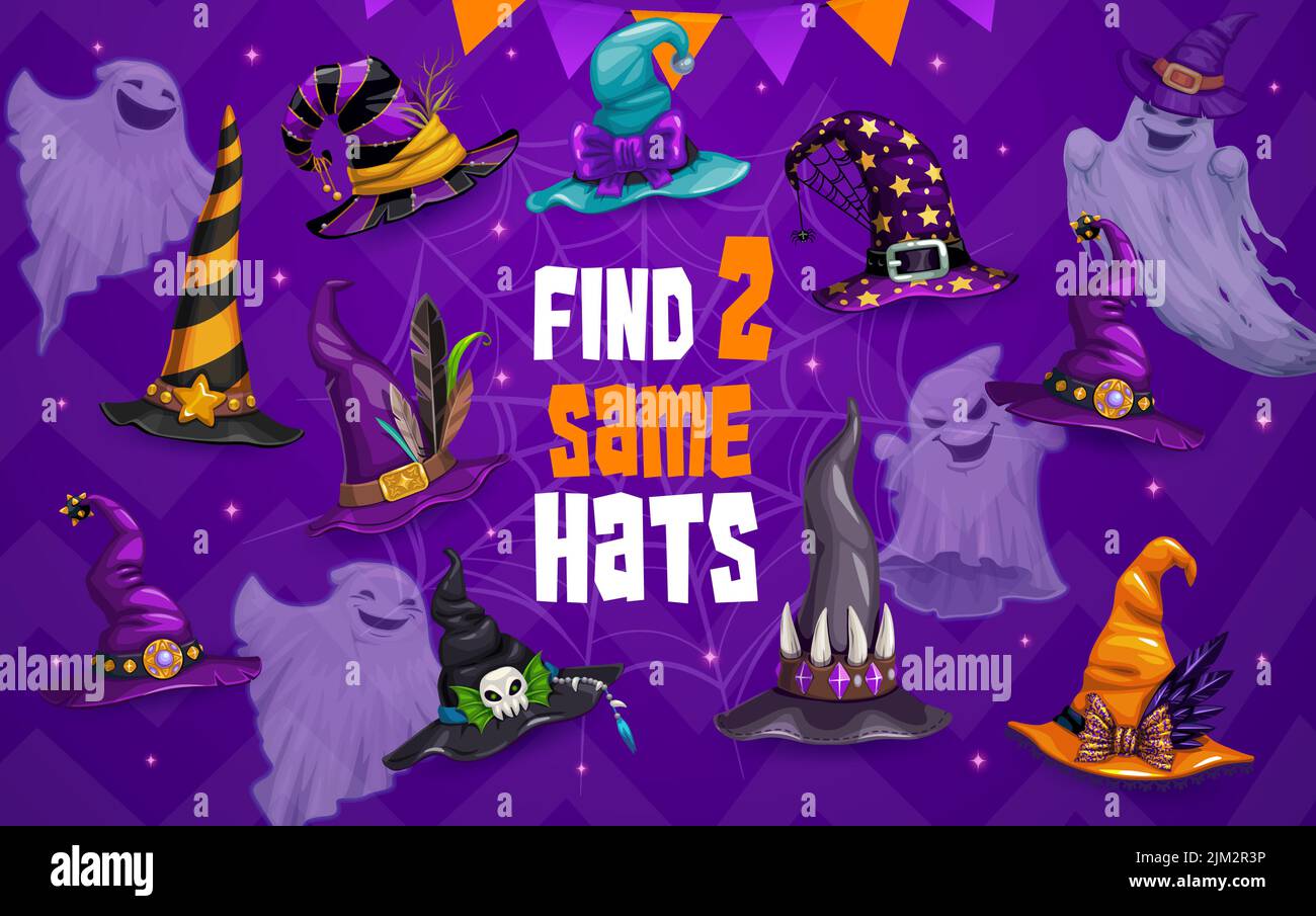 Halloween Kinder Spiel, Finden Sie zwei gleiche Hexe und Zauberer Hüte, Vektor-Arbeitsblatt Rätsel. Kids Logik Puzzle Brainteaser oder Rätsel-Spiel zu entsprechen und finden simi Stock Vektor