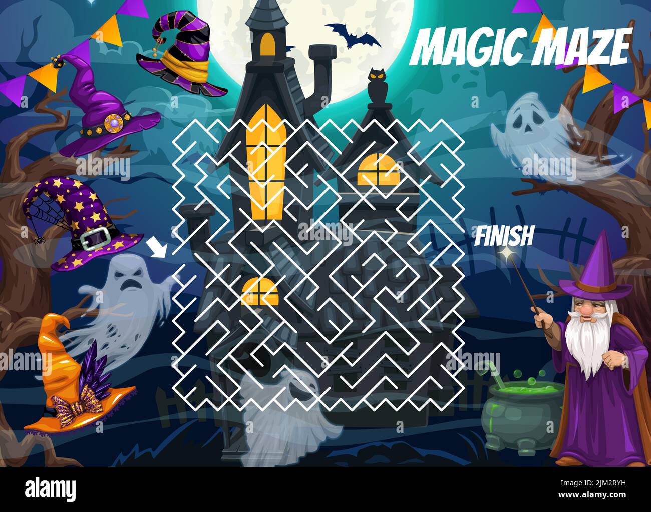 Halloween Labyrinth Labyrinth Labyrinth Spiel, Hexenhut, dunkle Burg und Zauberer, Vektor Kinder Puzzle Arbeitsblatt. Labyrinth Labyrinth Labyrinth Rätsel Weg zu finden für lustige gruselige gho Stock Vektor