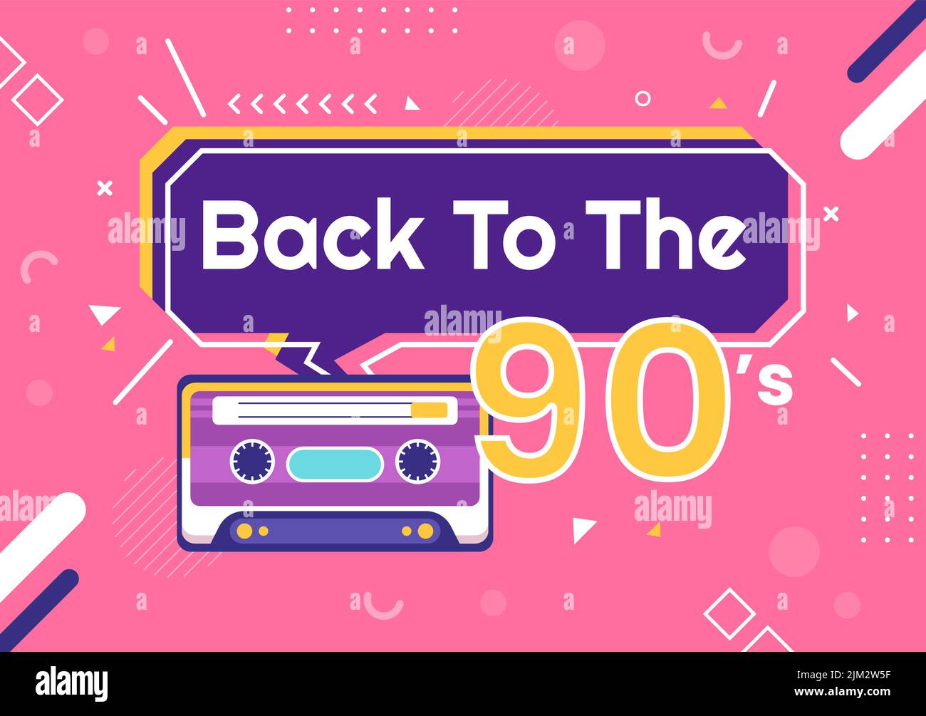 90s Retro Party Cartoon Hintergrundillustration mit Neunzigern Musik, Sneakers, Radio, Dance Time und Kassette im trendigen Flat Style Design Stock Vektor