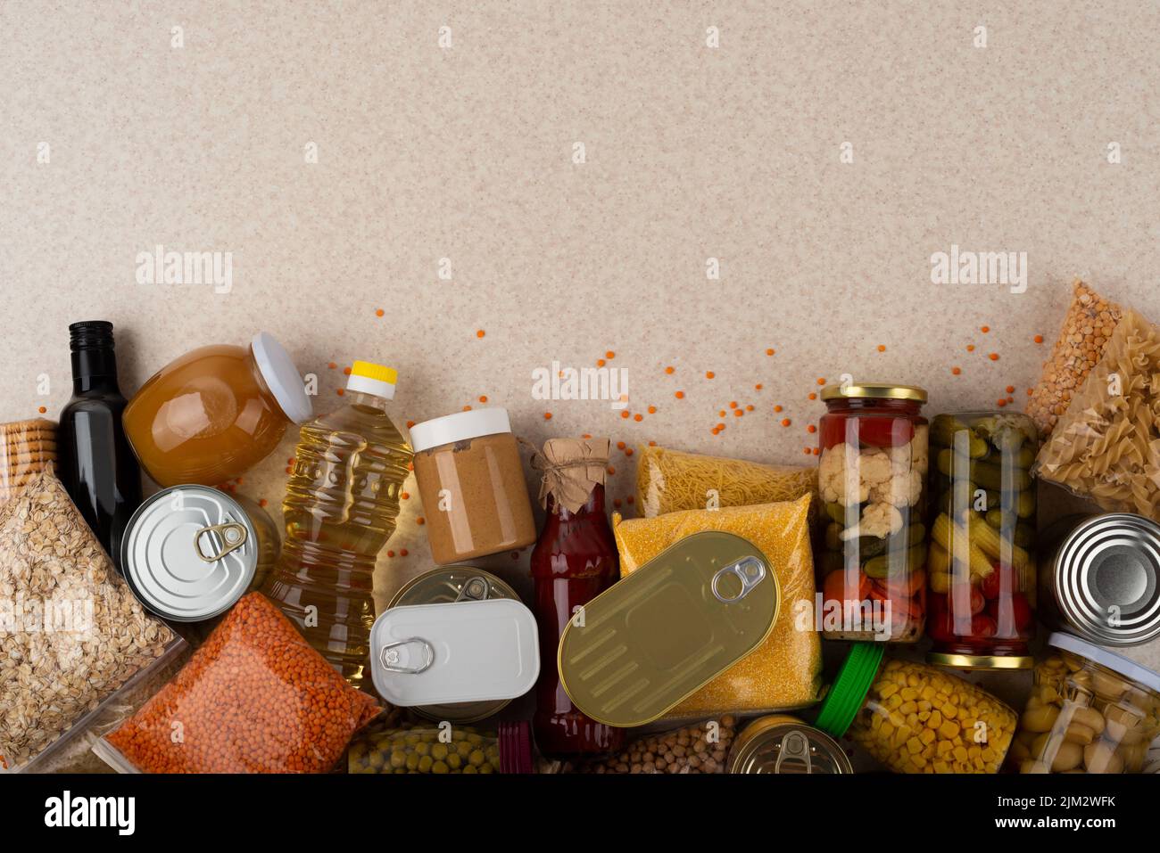 Notfall Lebensmittel Lebensmittel Hintergrund mit Copyspace Stockfoto