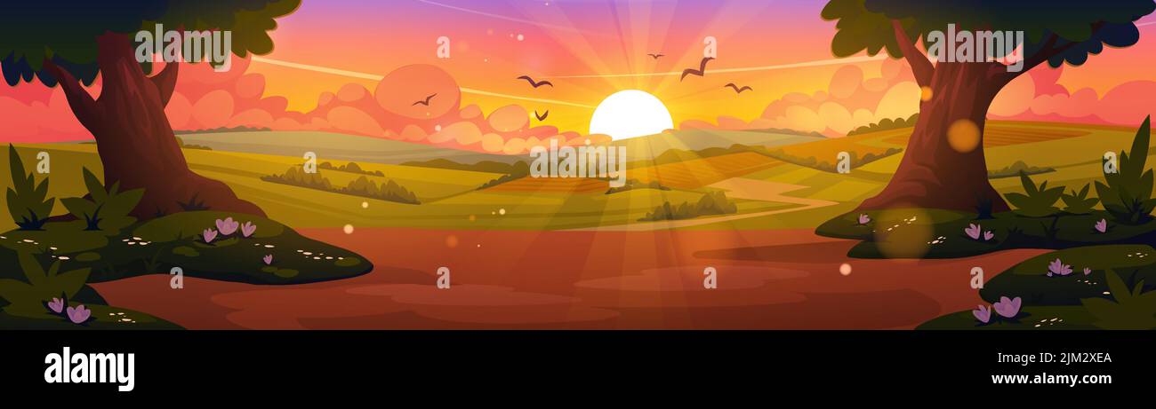 Cartoon Natur Landschaft, Sommer Abend Wald Panorama-Hintergrund mit grünen Bäumen, rosa blühenden Blumen und ländlichen Feld unter Dämmerung Himmel mit Sonne scheint, Landschaft Wald, Vektor-Illustration Stock Vektor