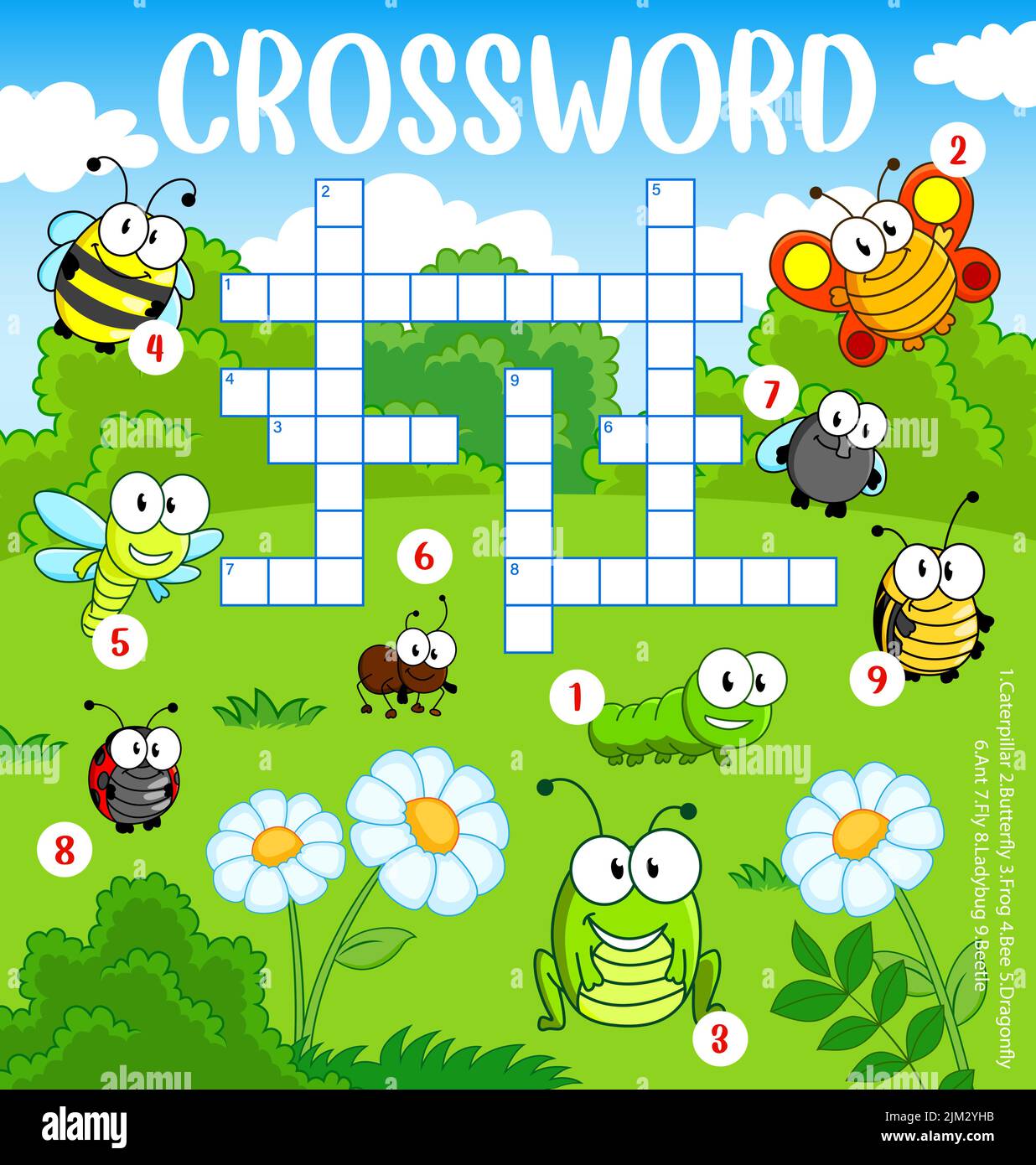 Cartoon lustige Insekten auf Wiese Kreuzworträtsel Gitter, finden Sie