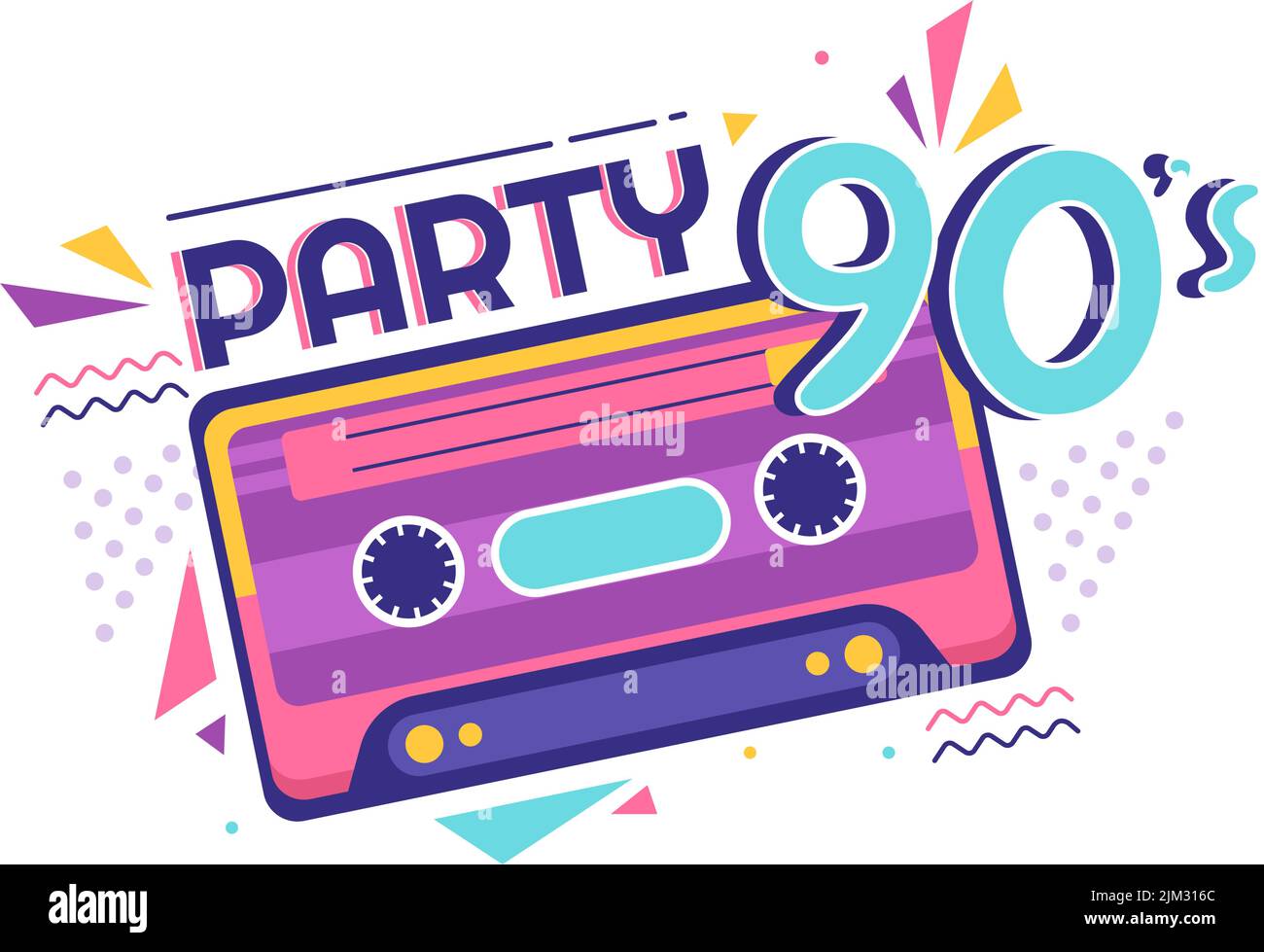 90s Retro Party Cartoon Hintergrundillustration mit Neunzigern Musik, Sneakers, Radio, Dance Time und Kassette im trendigen Flat Style Design Stock Vektor