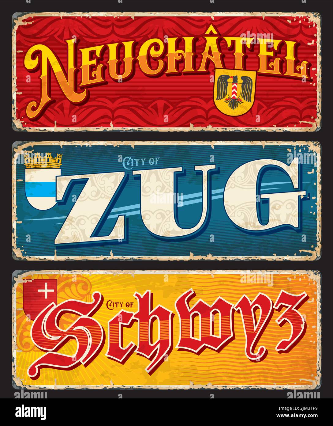 Neuchatel, Zug, Schwyz, Schweizer Stadtschilder und Reise-Aufkleber, Vektor-Gepäckanhänger. Schweiz Reise Zinnschilder und Tourismus Reise Aufkleber oder Grunge Platten mit Schweizer Städten Embleme und Flaggen Stock Vektor