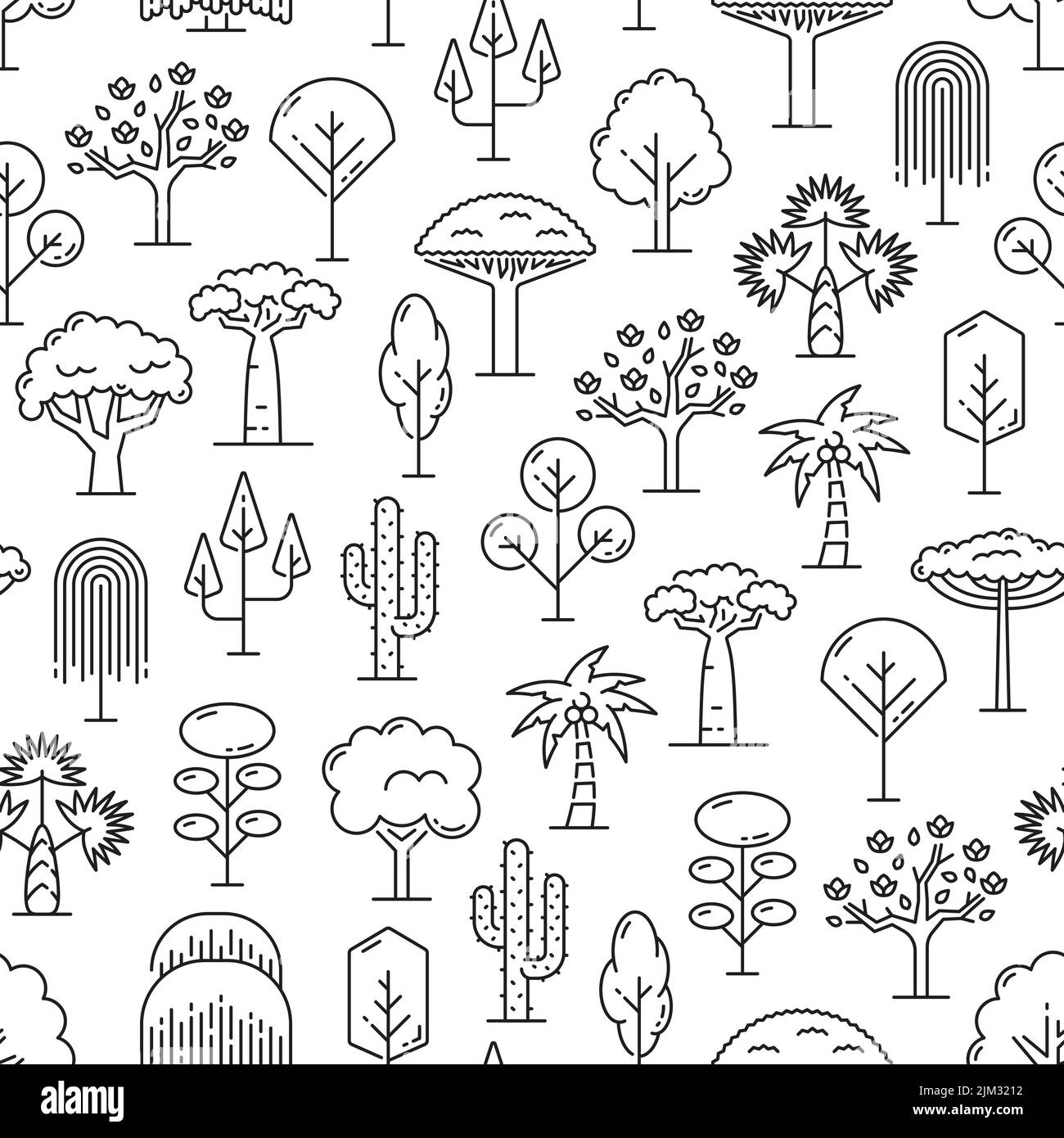 Tropische Bäume nahtloses Muster mit Umriss exotischen Pflanzen von Dschungelwald, Strand, Wüste und Regenwald. Vektor Hintergrund von Palmen, saguaro Kakteen, Baobabs und Monstera, Yucca und Drachenbäume Stock Vektor