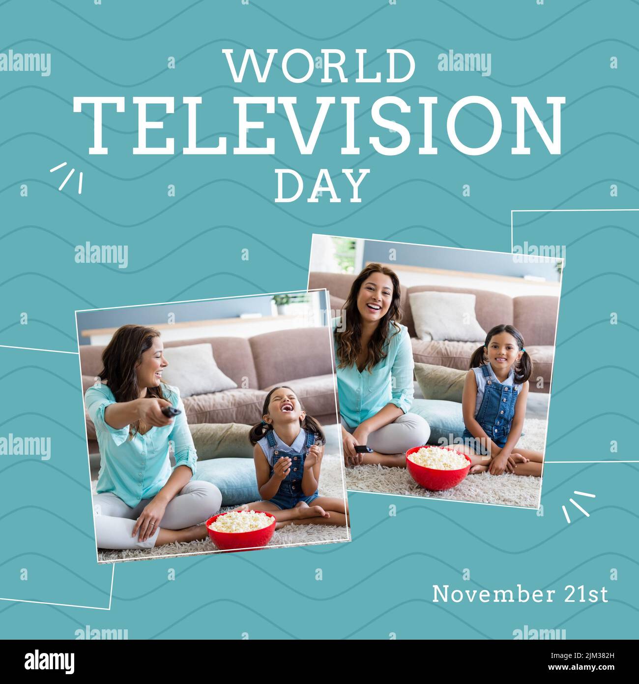 Komposition des Weltfernsehtags Text über kaukasische Mutter mit tv-Fernbedienung und Tochter Stockfoto