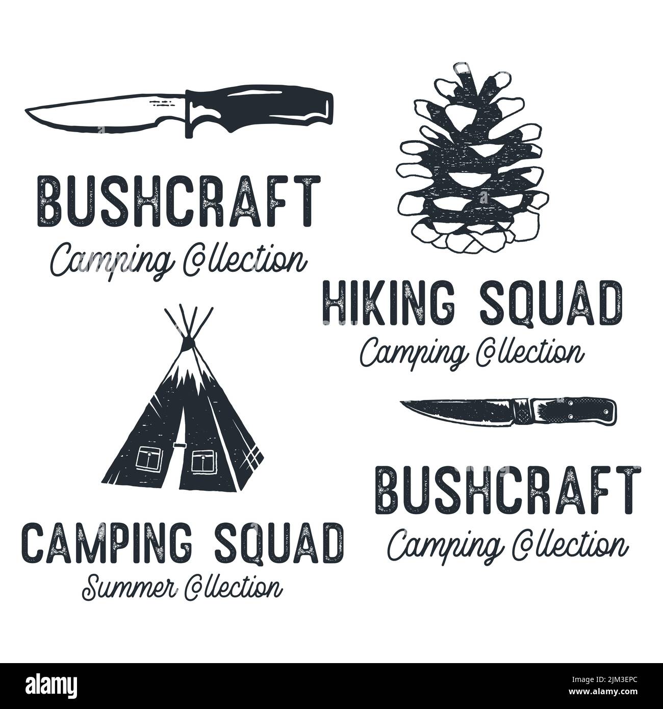 Vintage Camping Silhouette Badges mit Zitaten Camping Squad. Monochrome Reisembleme. Set Mit Wanderlogo-Designs. Stock-Vektorgrafiken Stock Vektor