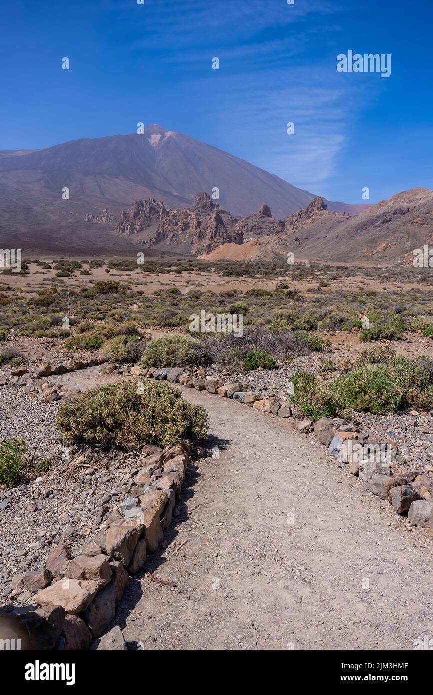 Eine schöne Aufnahme des Vulkanpfades am Aussichtspunkt von Llano de Ucanca des Teide-Nationalparks von Teneriffa, Kanarische Inseln, Spanien Stockfoto