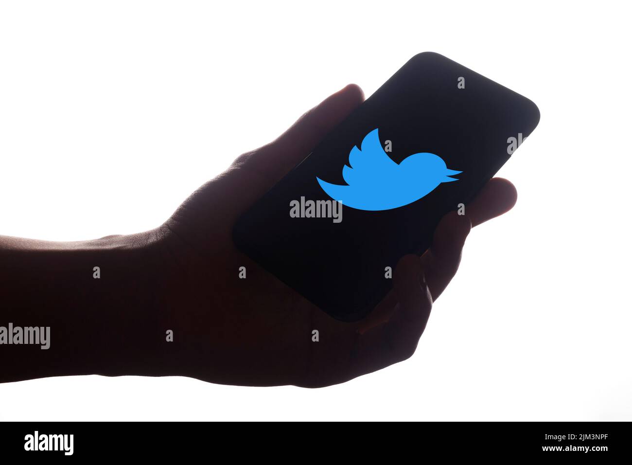 Eine Hand isoliert auf weißem Hintergrund mit einer Twitter-Anwendung gestartet Stockfoto