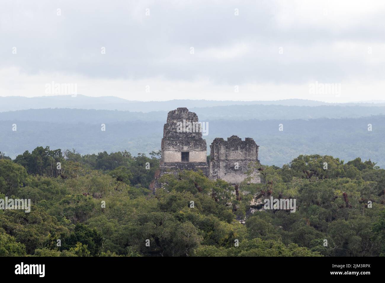 Tempel 1 oder gran jaguar und Tempel 2 der antiken Maya-Ruinen von gran plaza über dem Dschungelwald in tikal guatemala. Stockfoto