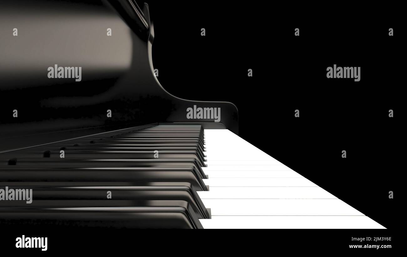 Ein schwarzes Klavier isoliert auf schwarzem Hintergrund - klassische Musik Stockfoto