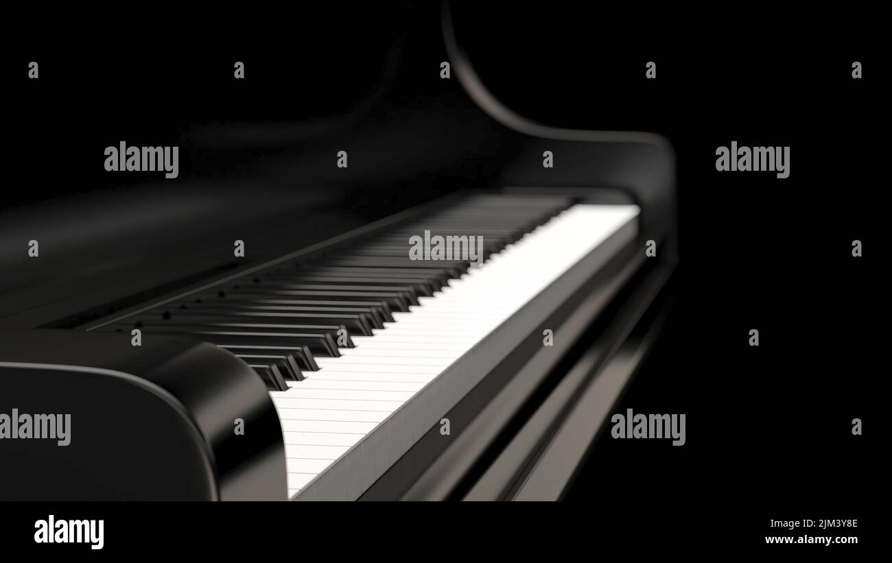 Ein schwarzes Klavier isoliert auf schwarzem Hintergrund - klassische Musik Stockfoto