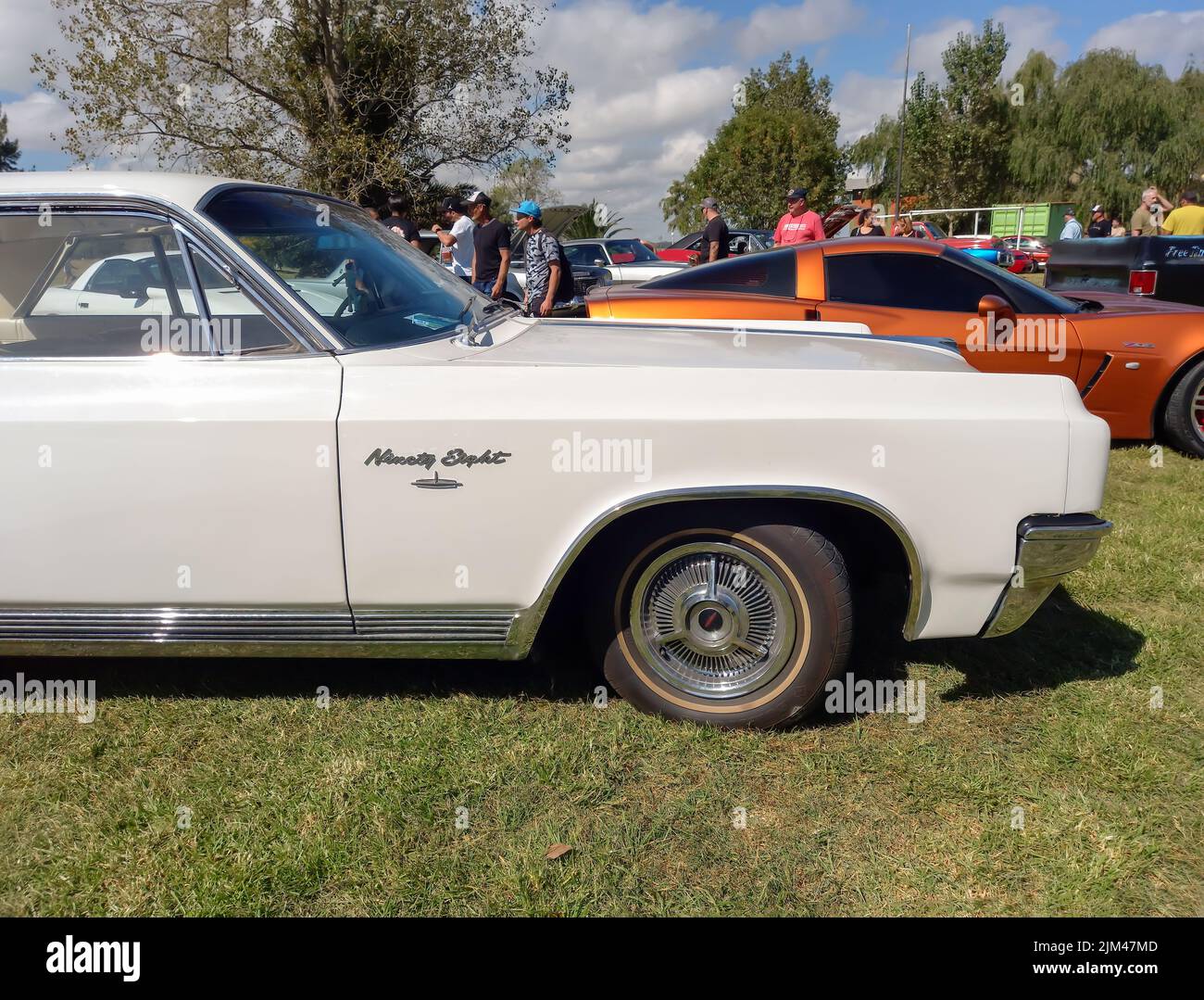 White old luxury Oldsmobile Ninety Eight Sport Coupé Hardtop 1963 von GM auf dem Land. Seitenansicht. Abzeichen. Natur, Gras, Bäume. Oldtimer-Show. Stockfoto