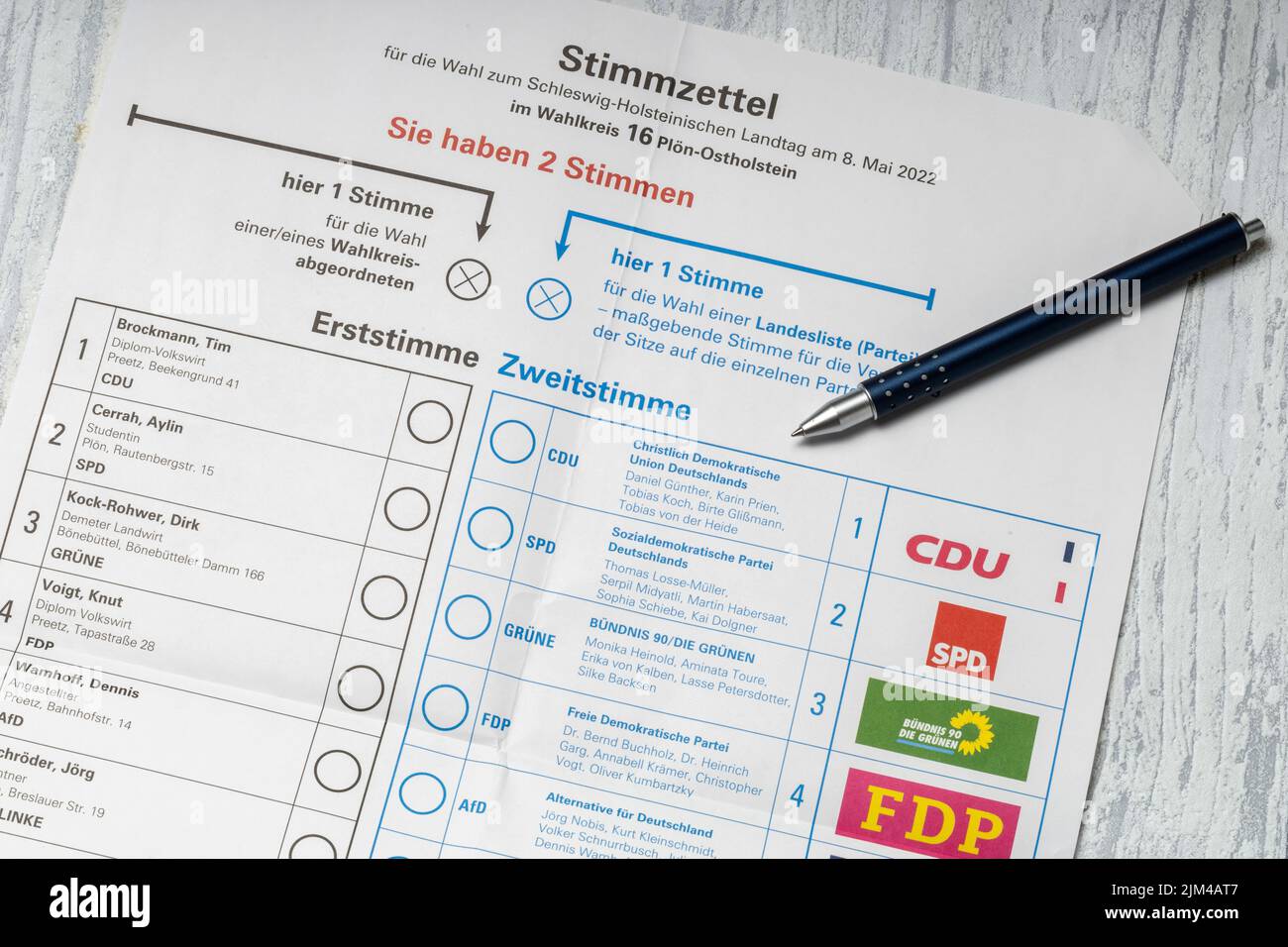 Eutin, Deutschland, April 29 2022, Stimmzettel zur landtagswahl, deutsche Bezeichnung: landtagswahl in schleswig-holstein, Deutschland 2022 Stockfoto