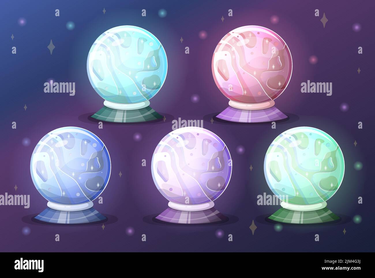 Vector Magic Fortune Kugel Glaskugel Set. Hexen Magic Crystal Ball, Wahrsager, magische Kristallkugeln. Vorhersagen und positive Bestätigungen Stock Vektor