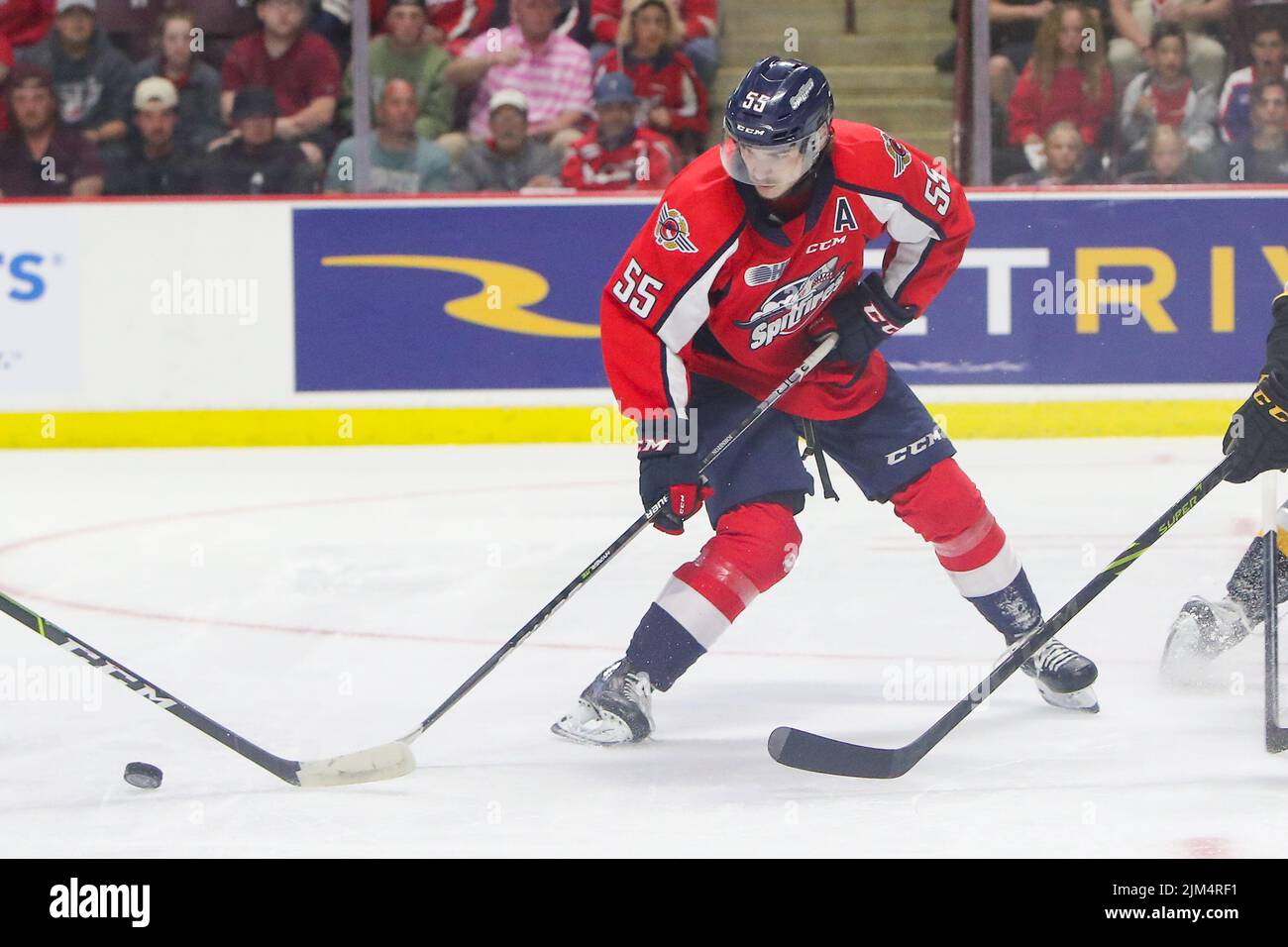 Jun 13 2022 Windsor Ontario Canada, Windsor Spitfires besiegte die Hamilton Bulldogs 5-2, um ein Spiel 7 zu zwingen. Wyatt Johnston (55) von Windsor Spitfires.(E Stockfoto