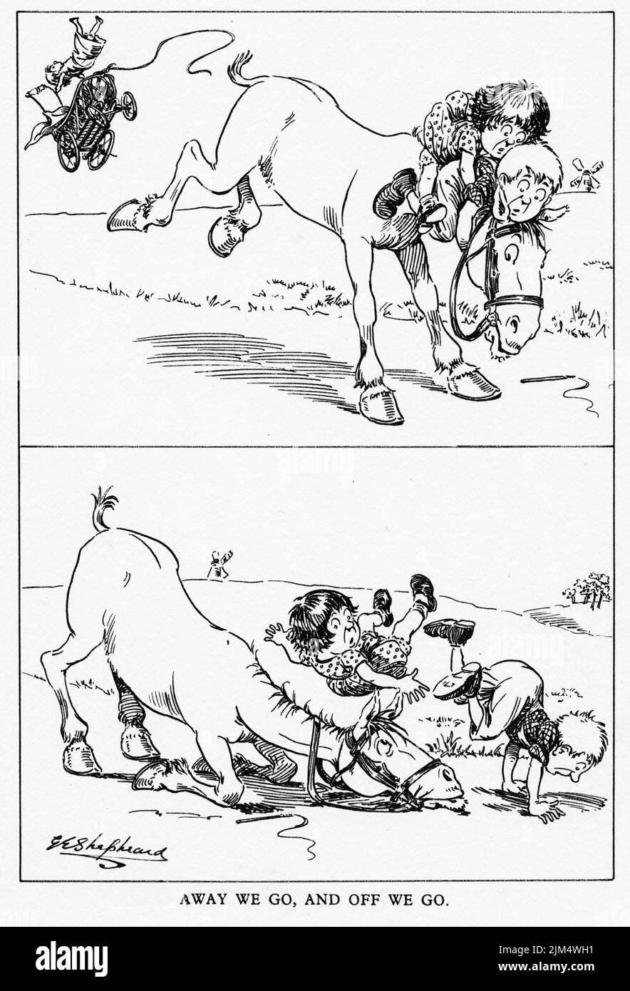 Cartoon-Stil Illustration von zwei Kindern fallen von einem Pferd Stockfoto